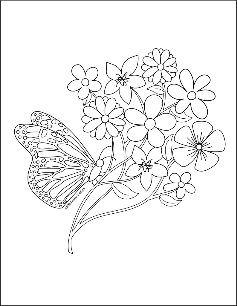 Butterfly Flowers Coloring Page - Digital Download